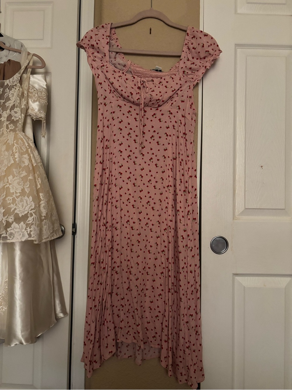 Pink Strawberry Print Midi Dress